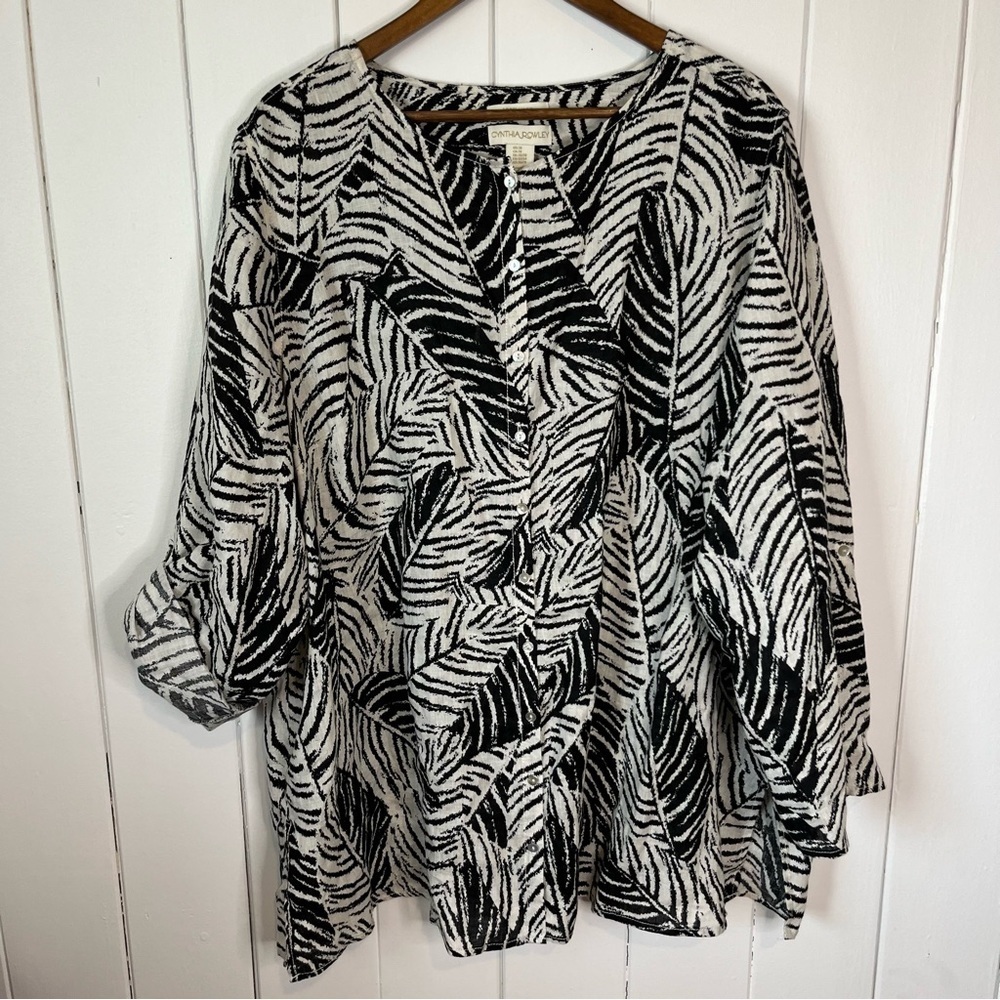 Cynthia Rowley 100% Linen Black and White Palm Print Tunic Top. Size 3X. - Picture 2 of 8